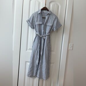 Frame Denim Blue and White Striped Midi Shirt Dress